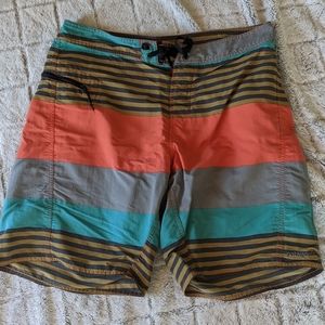 Patagonia Striped Orange Green Nylon Swim Trunks Board Shorts